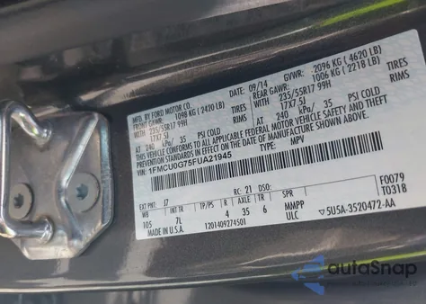 2015 Ford Escape Se из США, поврежденный, VIN 1FMCU0G75FUA21945